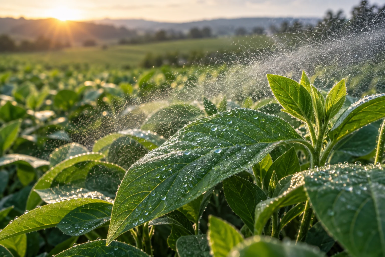 Fine foliar nutrition mist settling on healthy crop leaves at dawn