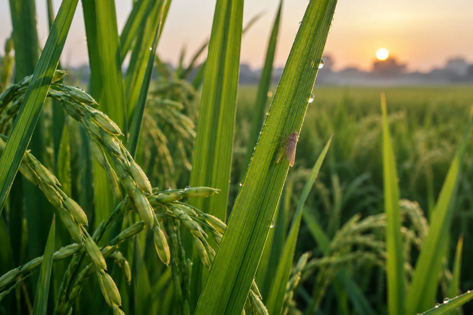 Brown planthopper resting on a healthy rice leaf at dawn