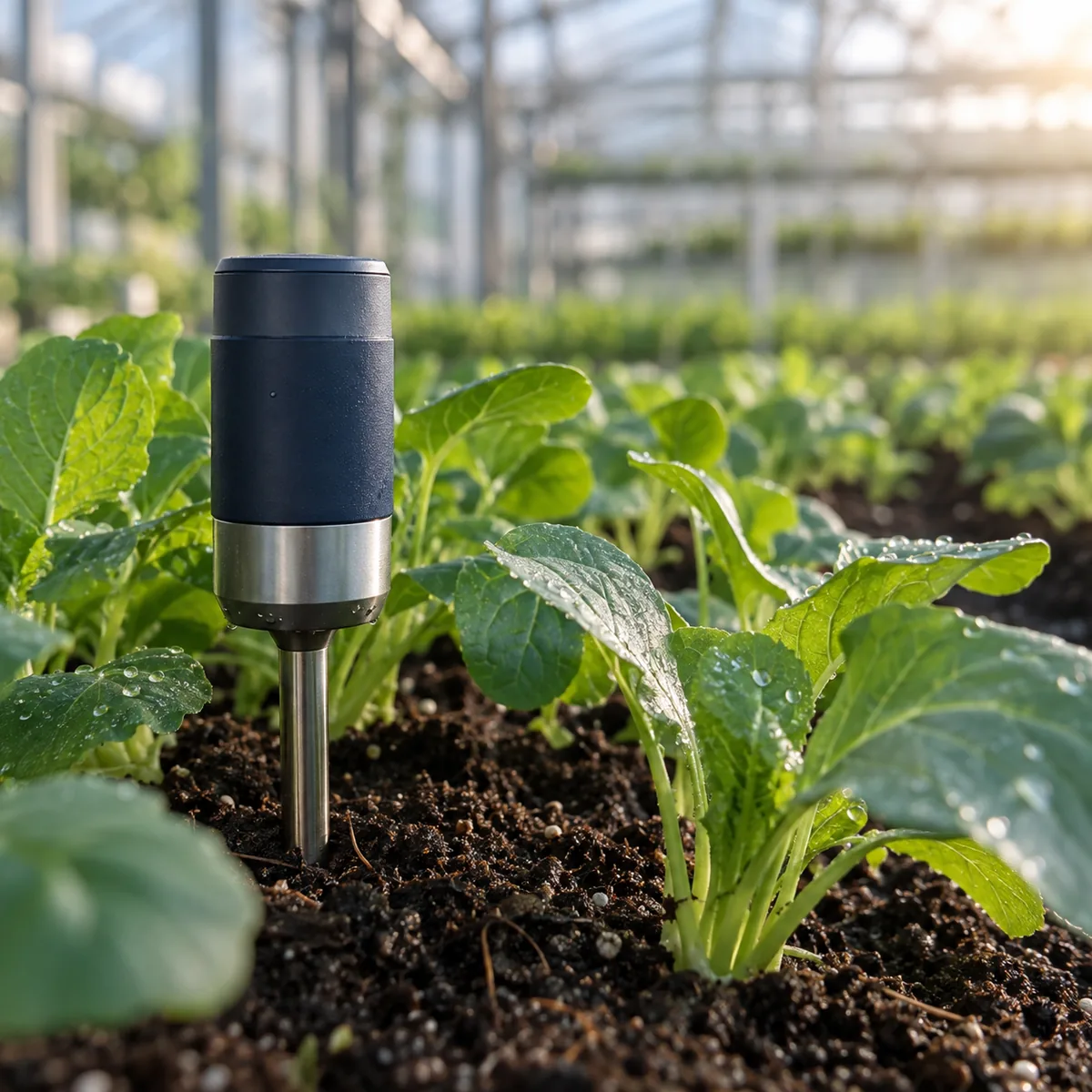 Precision crop-monitoring sensor among healthy greenhouse leaves