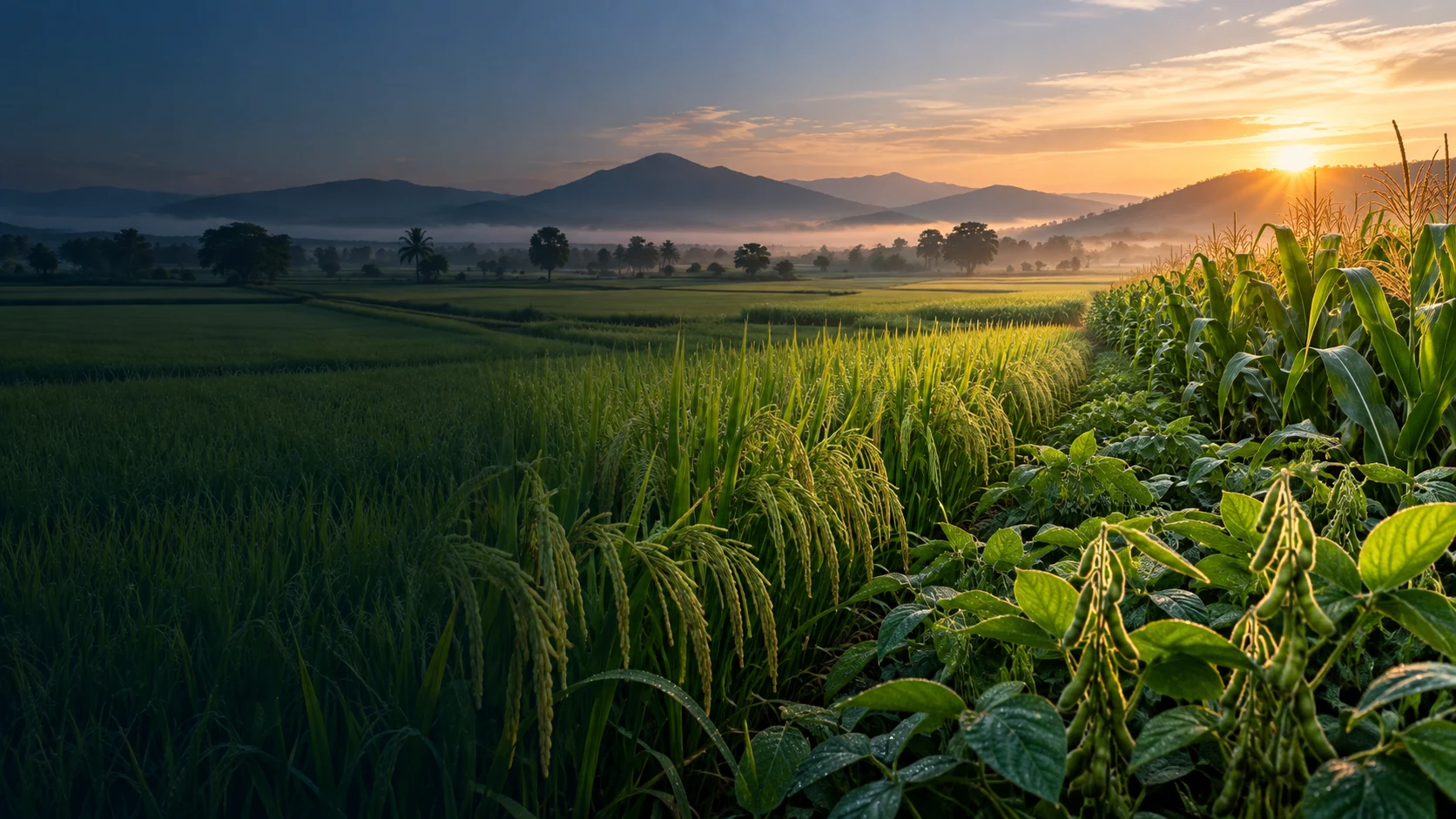 Rice, corn and soybean crops growing across a cultivated landscape at sunrise